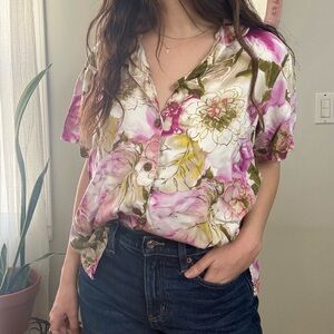 Caribbean Joe Women’s Pink and Green Floral Button Down Shirt